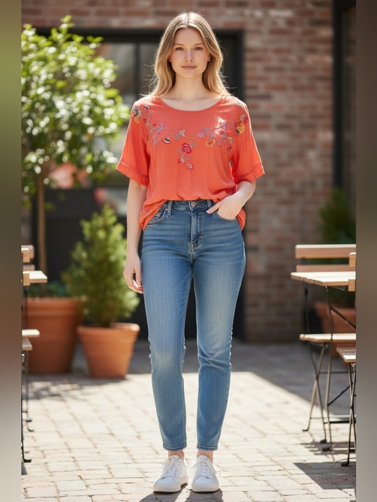 Time and Tru Tops - Time and Tru Coral Embroidered Short-Sleeve Tunic